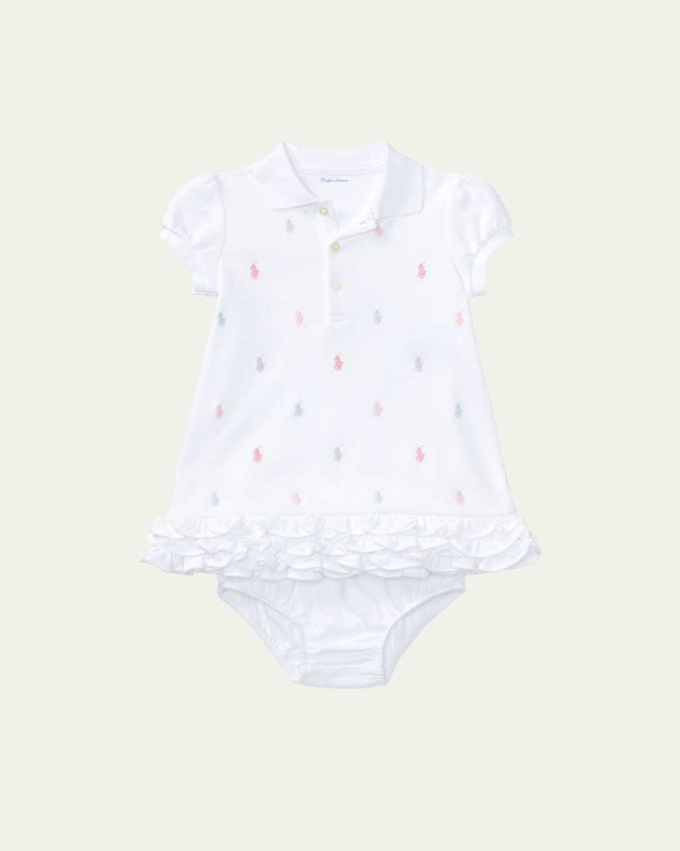 Logo Embroidery Ruffle Hem Polo Dress With Bloomers, Size 6M-24